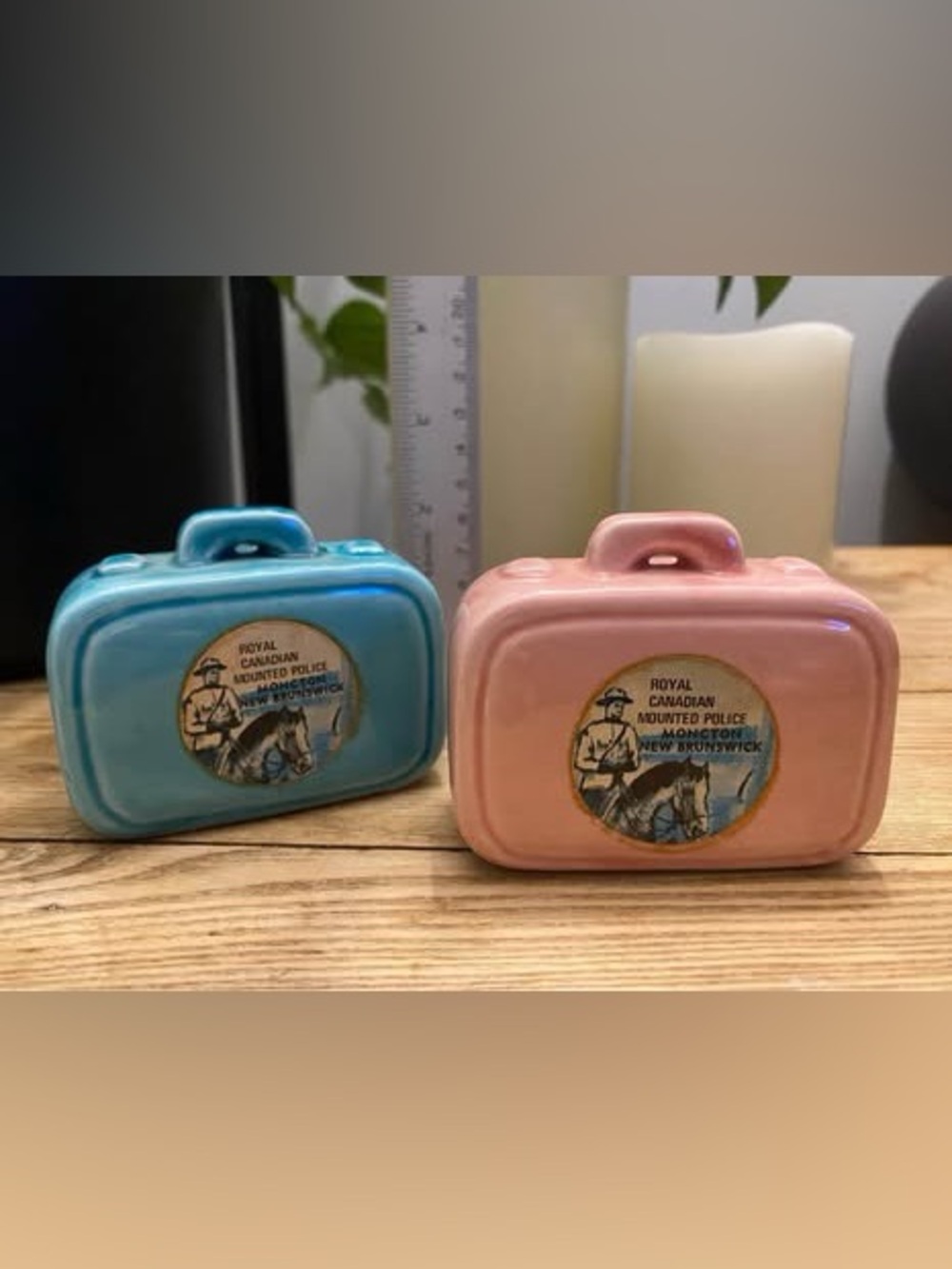 Vintage Ceramic Suitcase Salt & Pepper Shakers RCMP Moncton NB Canada Japan